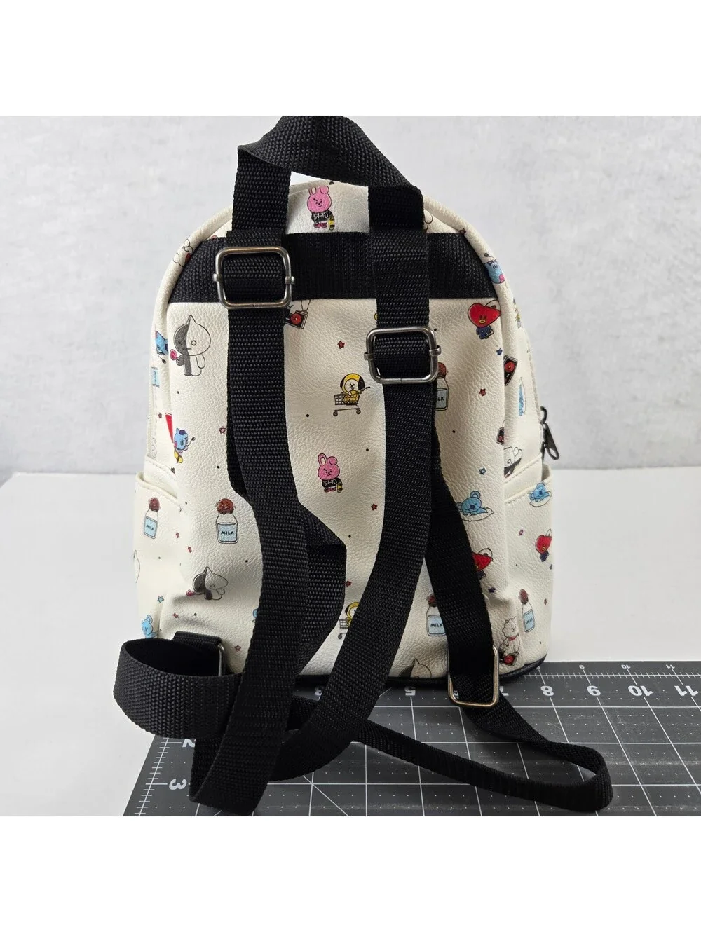 BT21 Mini Backpack White with Character Print and Black Front Pocket